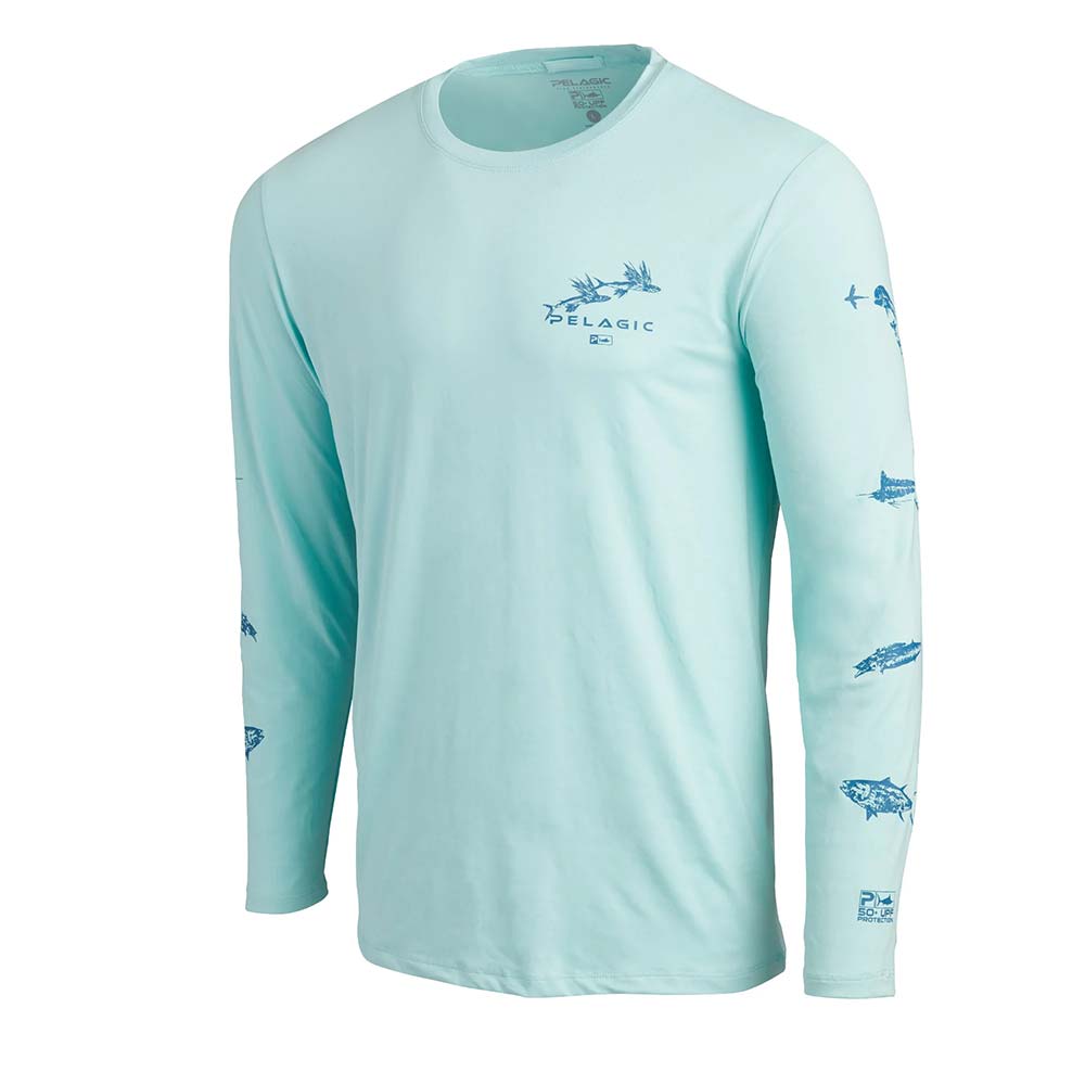 Pelagic Stratos Gyotaku Marlin Long Sleeve Performance Shirt - Turquoise / Medium