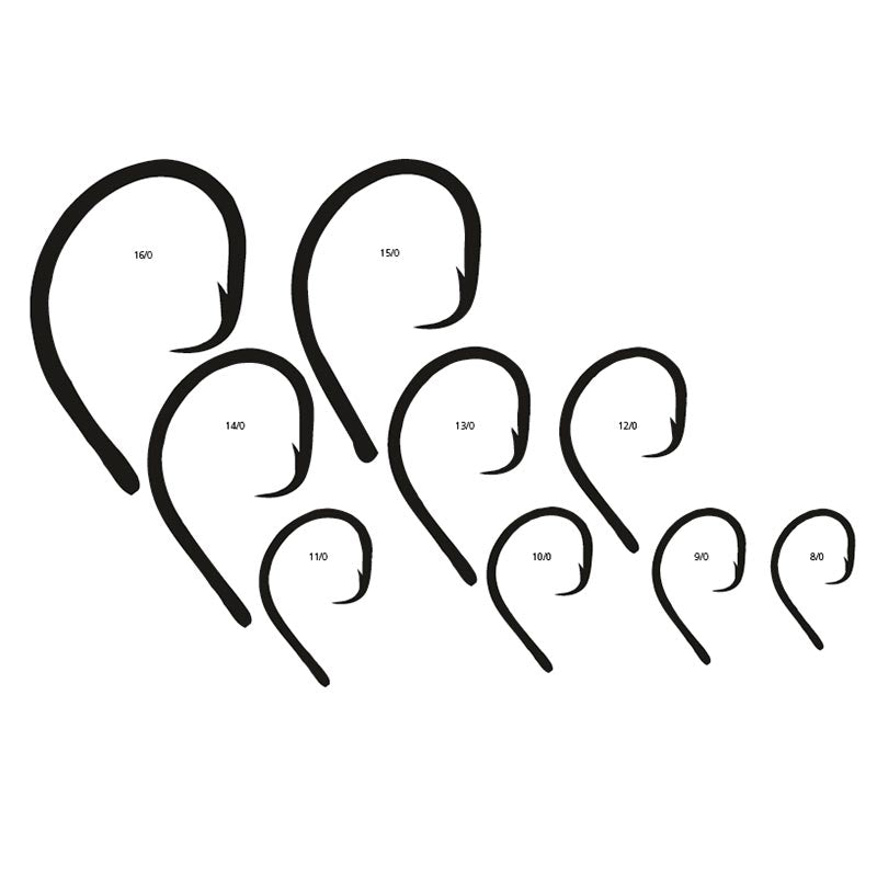 Digital image of 9/0, 12/0, and 15/0 Mustad 39660D circle hooks